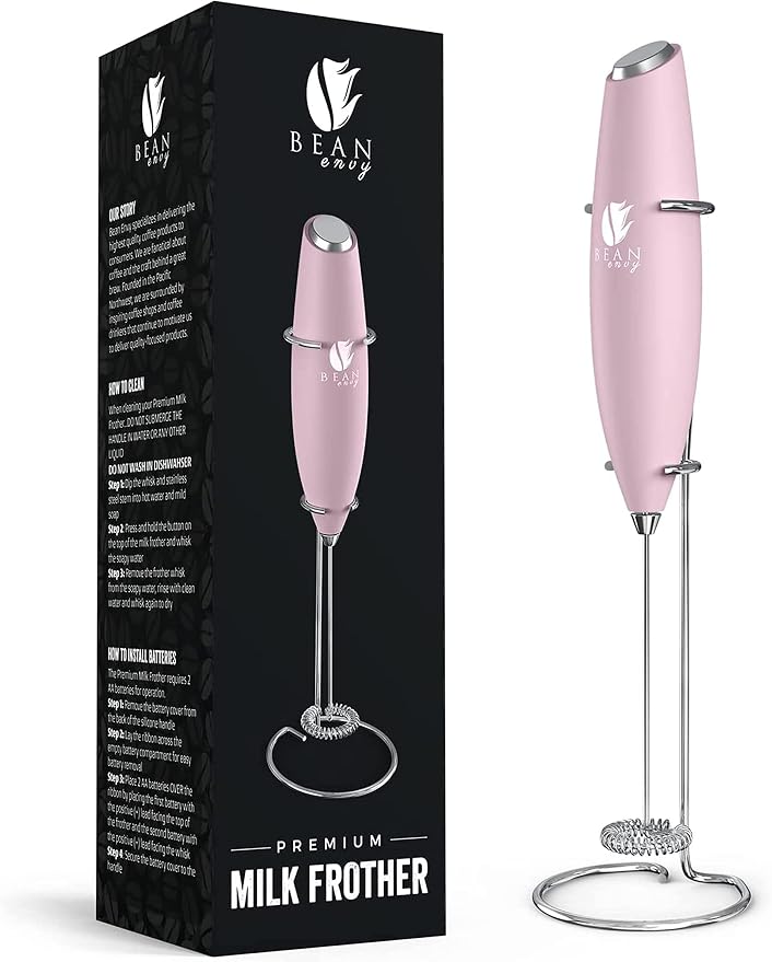 Bean Envy Milk Frother, Coffee Stirrers, Frother Wand, Milk Frother Handheld, Frother with stand, Hand Blender for Coffee, Lattes, Cappuccino, Matcha and Hot Chocolate – Kitchen Gifts - Pink