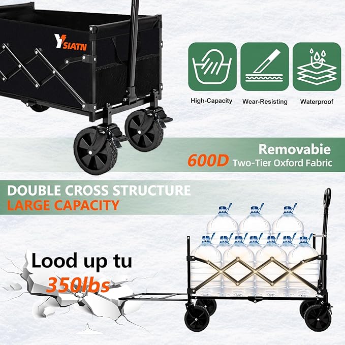 Collapsible Folding Wagon Cart with Tailgate - 300lbs Heavy Duty Foldable Utility Wagon and Brake Wheels - 100L Lightweight Grocery Wagons for Shopping Camping Sports Garden, Black