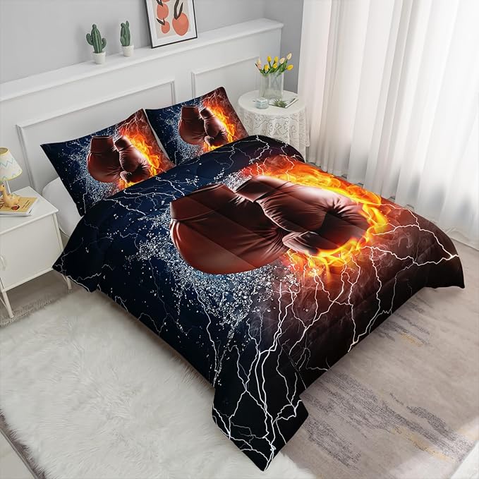 Axolotl Boxing Bedding Set Queen,Sports Theme Comforter Set Boxing Gloves Pattern Bedding Set,Red Blue Cool Lightning Comforter Pugilism Games Bedding Set For Kids Boys Teens Men,1 Quilt 2 Pillowcases
