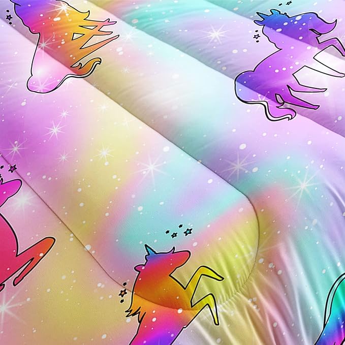 Datura home Unicorn Rainbow Comforter Bedding Set for Girls Kids Children Teens,Sky Glitter Star Colorful Bedding Set with 1 Comforter and 2 Pillowcases(Unicorn3 Twin)