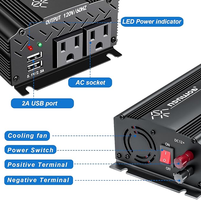 12V to 110V Inverter - 750W Car Inverter with 2 AC Outlets & 2 USB Ports for Trucks & Various Vehicles