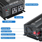 12V to 110V Inverter - 750W Car Inverter with 2 AC Outlets & 2 USB Ports for Trucks & Various Vehicles