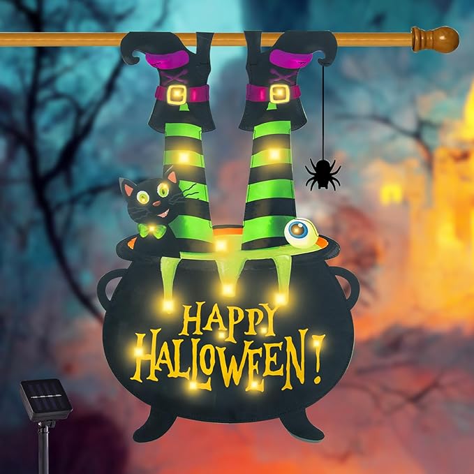 Halloween Lighted Garden Flag for Outside, Witch Feet Shape Flag Yard Decor, 8 Modes Double Sided Cauldron Eyeball Black Cat Outdoor Hlloween Decorations for Home Porch (Warm White-28x40)