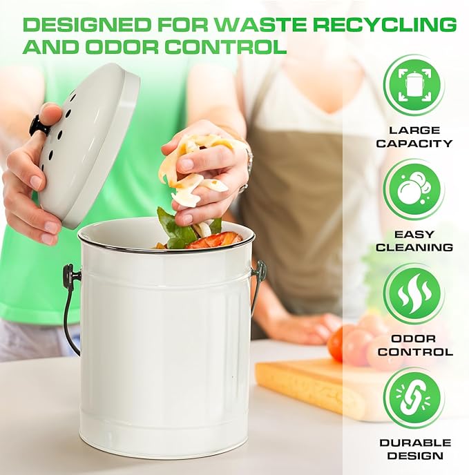 Plexon Countertop Compost Bin Kitchen Indoor with Lid, Off-White 1.5 Gallon Odorless Container, Steel Food Compost Bucket for Kitchen with Charcoal Filter, Compost Pail Countertop