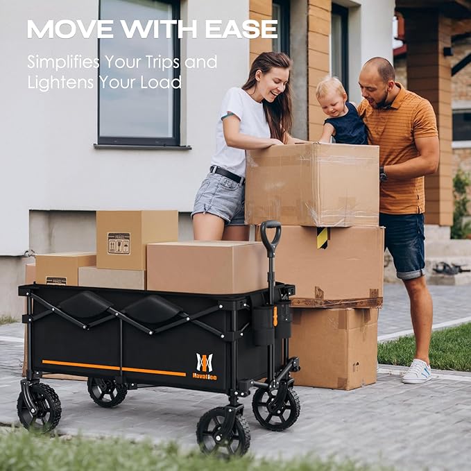 Navatiee 140L Collapsible Folding Wagon, Large Capacity Foldable Wagon with Silent All-Terrain Wheels, Utility Grocery Cart for Camping Shopping Outdoor, Black
