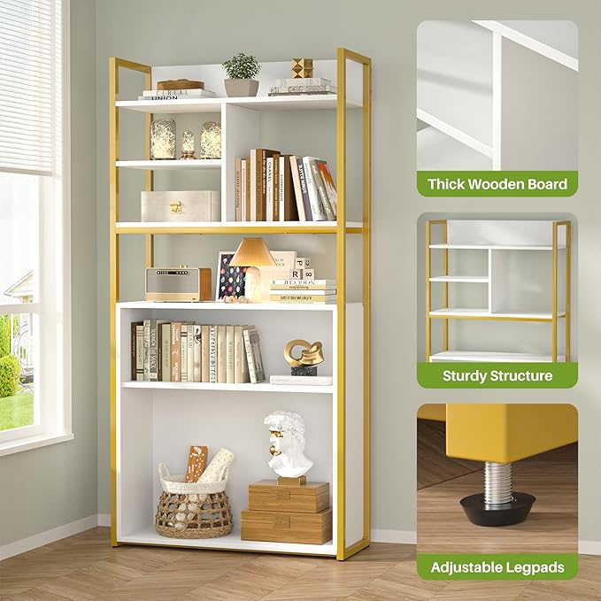 White Industrial Bookshelf, 6 Tier Tall Bookshelves Wood and Gold Metal Frame Standing Bookcase, Display Book Shelf with Adjustable Storage Shelves for Home Office, Living Room, Bed Room, White