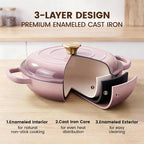 Vintage Style 3 Quart Enameled Cast Iron Braiser, Non Stick Enameled Cast Iron Skillet with Lid, Dutch Oven Skillet with lid up to 500°F for Oven, Stove, Grill, Shallow Dutch Oven for Cook, Bake (Pink)