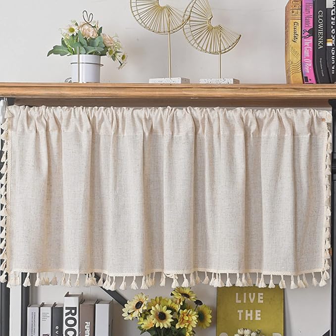 Sutuo Home Boho Sheer Curtain Valance Cotton Linen with Bohemian Handmade Tassels, Short French Farmhouse Window Treatment for Kitchen Cafe, Rod Pocket, 1 Panel 59" W x 18" L, Natural