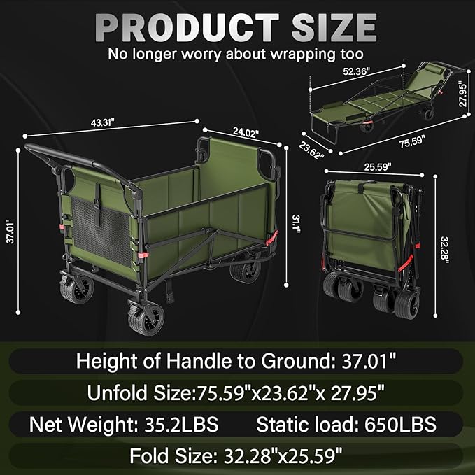 LEVELEVE Heavy Duty Folding Wagon - 2-in-1 Collapsible Cart, 650lb Capacity, All-Terrain Wheels w/Brakes & Side Pockets (Army Green)
