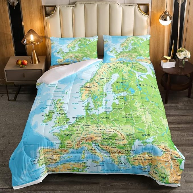 Erosebridal World Map Comforter Set Full Size, Blue Ocean Bedding Set for Kids Boys Girls, Map of Various Countries Quilted Duvet Abstract Art Bedding Comforters Breathable Bedroom Decor
