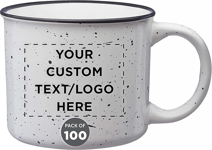 DISCOUNT PROMOS Custom Ceramic Campfire Coffee Mugs 13 oz. Set of 100, Personalized Bulk Pack - Perfect for Tea, Espresso, Cappuccino, Hot Cocoa - White