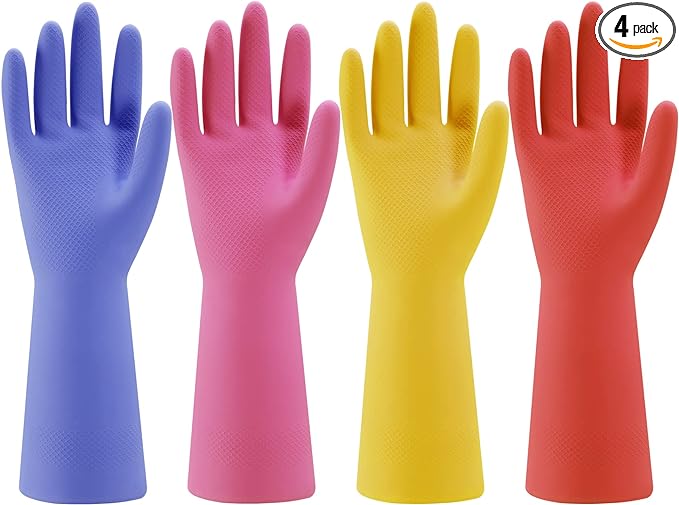 Bamllum Rubber Kitchen Dishwashing Gloves - 4 Pairs Colorful Reusable Household Cleaning Gloves for Washing Dishes and Cleaning Tasks, Flexible Long-lasting and Non-Slip (Large, Blue+Pink+Yellow+Red)