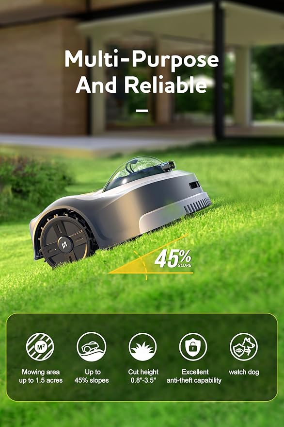 Robot Lawn Mower N2000 Perimeter Wire Free RTK,TOF,Vision Robotic Lawnmower 1.5 Acres,AI Assisted Mapping,Virtual Boundary,Multi Zone Management,APP Control,Cut Height 0.8"-3.5",Anti-Theft