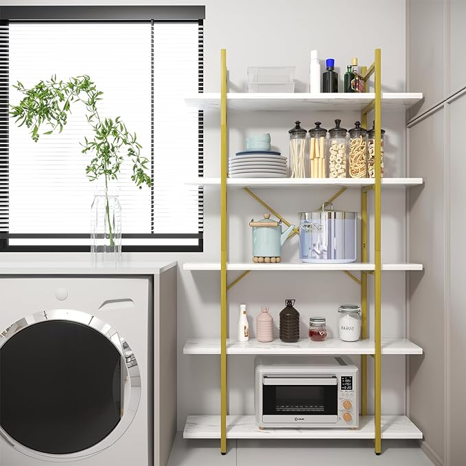 5 Tiers Bookshelf Organizer White Faux Marble Shelf,Modern Open Display Storage Bookcase, and Metal Bookshelf Standing Storage Shelf Tall Shelving Units for Home Office Study