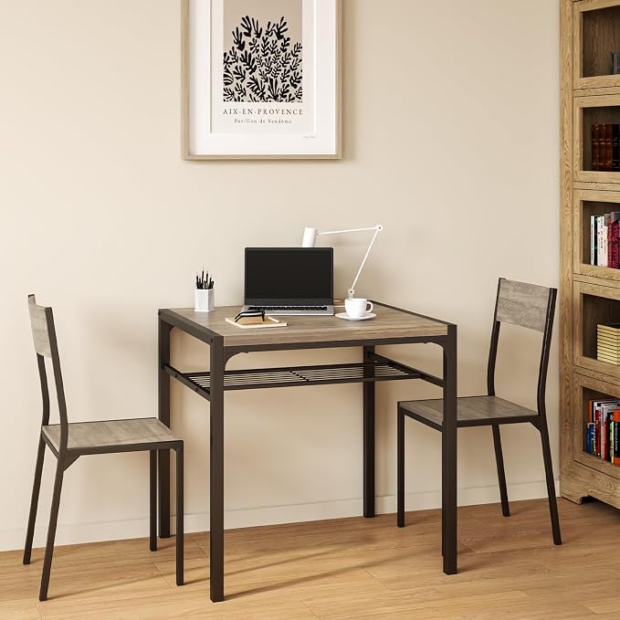 Gizoon 3-Piece Dining Table Set for 2, Small Kitchen Table & Chairs Grey | Compact grey 2-person dining set perfect for apartments. Features under-table storage rack and 2 chairs that tuck away.