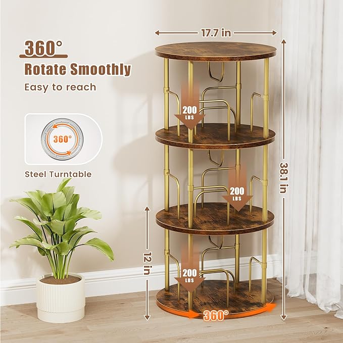 Rotating Bookshelf, 3 Tier Round Revolving Bookcase with Special Visible Partition Storage, 360° Display Spinning Bookshelf Tower Storage Organizer Rack for Bedroom, Living Room, Small Space, Gold