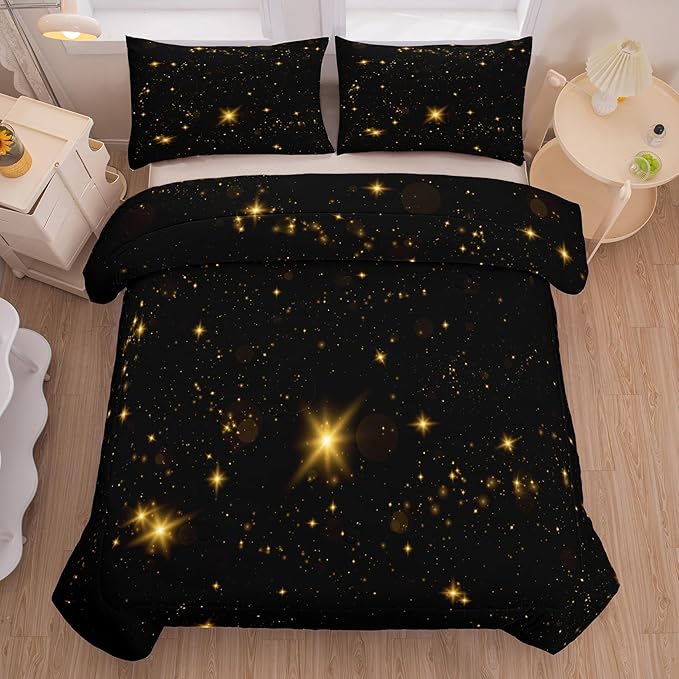Tailor Shop Glitter Comforter Sets Twin Size Black and Glod Comforter Sets for Kids Boys Teens Star Glitter Bedding Sets Twinkle Starlight Comforter Sets with 1 Comforter 1 Pillowcases