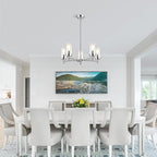 5 Lights Brushed Nickel Modern Farmhouse Chandelier for Dining Room with Glass Shade, Pre-Wired Height Adjustable Pendant Ceiling Lighting Fixture for Dining Living Room Bedroom Kitchen Foyer