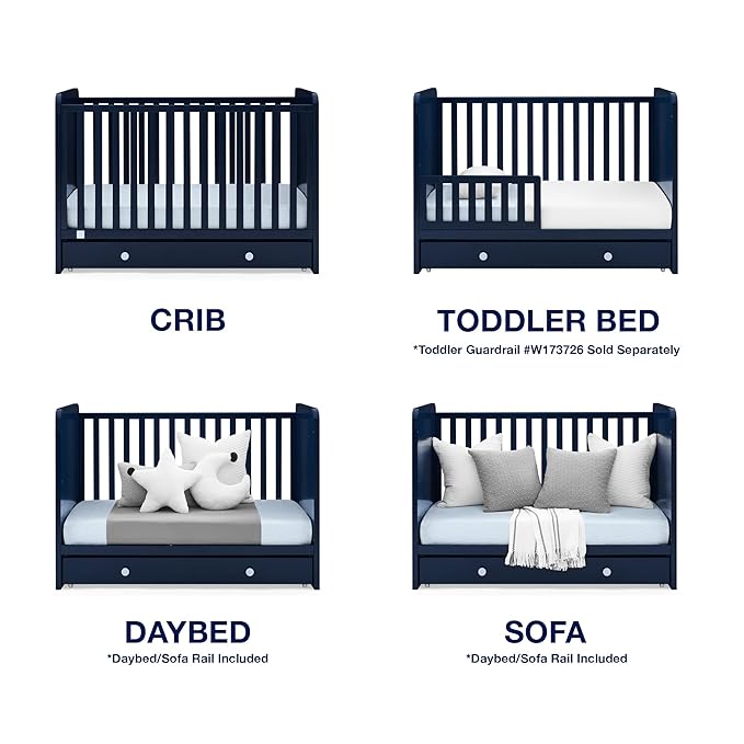 Delta Children babyGap Graham 4-in-1 Convertible Crib with Storage Drawer + Brannan Bear Bookcase with Bins + Brannan Bear Wall Shelf with 4 Hooks, Navy/Light Blue (Bundle)