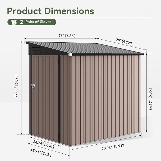 6'x4' Lean to Shed Galvanized Steel Storage Sheds with Side Door Waterproof Utility Shed with Sloped Roof for Mower, Bike, Garden Tools (Brown)