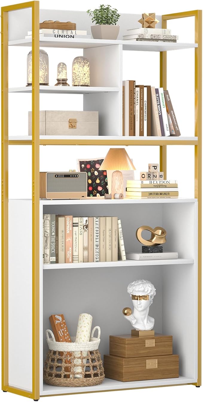 White Industrial Bookshelf, 6 Tier Tall Bookshelves Wood and Gold Metal Frame Standing Bookcase, Display Book Shelf with Adjustable Storage Shelves for Home Office, Living Room, Bed Room, White