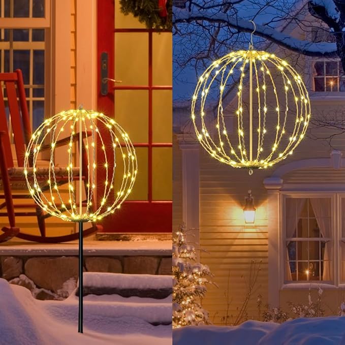 Lightshare 16IN 128LED Light Ball Yard Decoration Pathway Lights Sphere Light with Fold Flat Metal Frame Indoor Outdoor Waterproof Garden Lights, Plug in