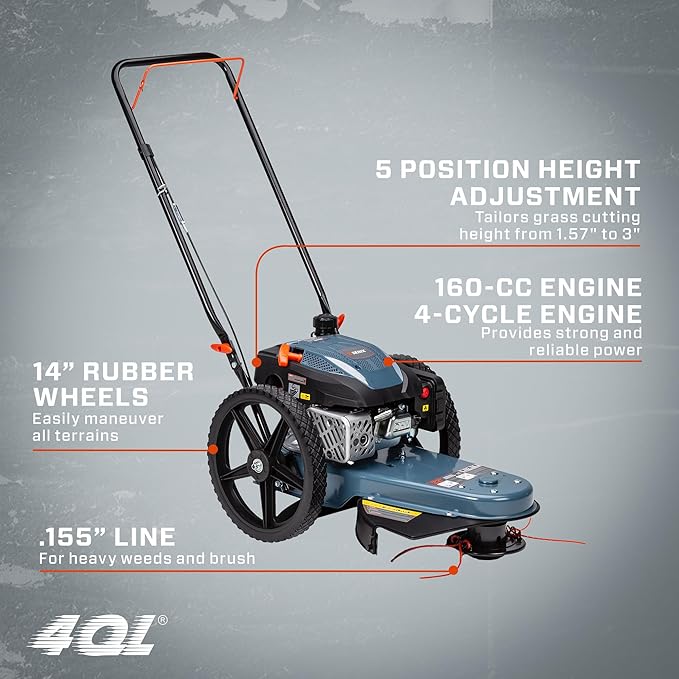 SENIX High Wheel Gas Walk Behind Brush Cutter and String Trimmer, 22-Inch Swatch with .155-Inch Line, 160 cc 4-Cycle Engine, Steel Deck, 14" Rubber Wheels, Adjustable Height (STMG-L)