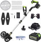 Electric Weed Wacker Cordless with Wheel, Brushless Grass Trimmer with 21V 4.0Ah Battery and Fast Charger, 3 Types of Blades String Trimmer, Weed Eater Battery Powered, Grass Cutter Machine