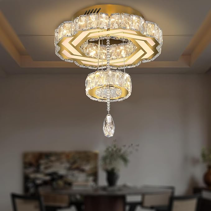 Flashing God Small Crystal Chandeliers Dia 12" Gold Chandelier Flush Mount Ceiling Light for Bedroom Living Room Dining Room Hallway Dimmable 3 Rings LED Celing Lighting Fixtures