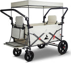 Foldable Wagon with Canopy - Collapsible Utility Cart with 2 Seats & Belts, Adjustable Handle, Expandable Front for Camping, Picnic, Shopping (Beige)