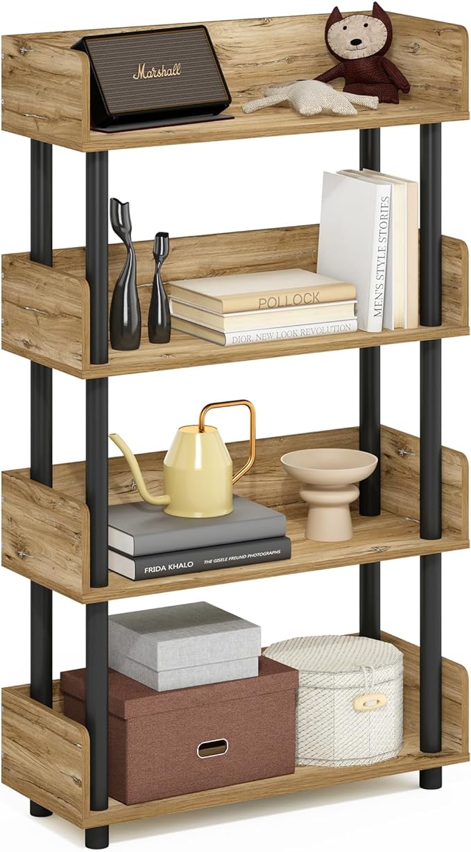 Furinno Turn-N-Tube 4-Tier Toolless Display Rack, Flagstaff Oak/Black