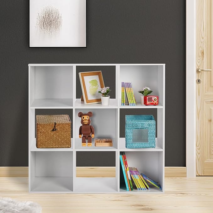 PACHIRA US Open Shelf Bookcase, 9 Cube White Storage Organizer Wood Display Shelf, Free Standing Cubby Bookcase Cabinet Divider Bookshelf Fits 11“ Storage Bin