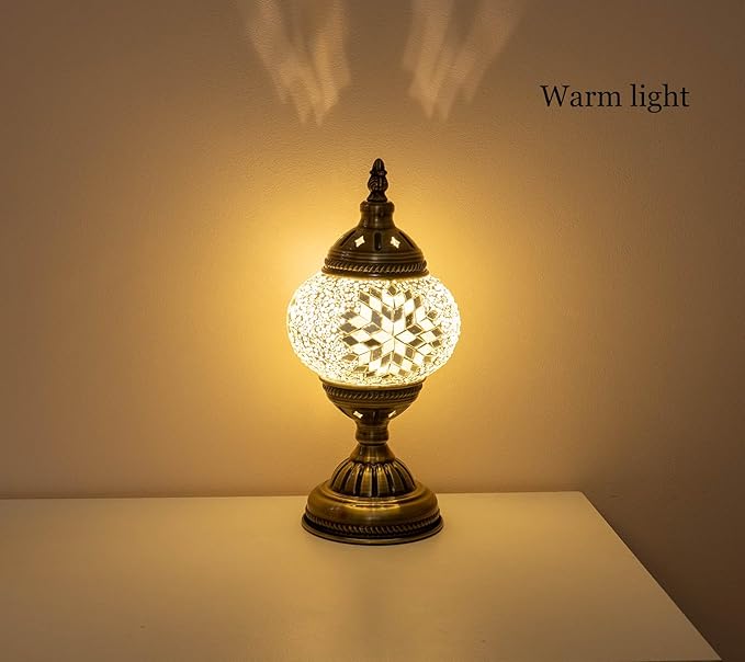 Turkish Mosaic Lamp Bohemian Tiffany Style Moroccan Bedside Lamps for Bedroom (White)