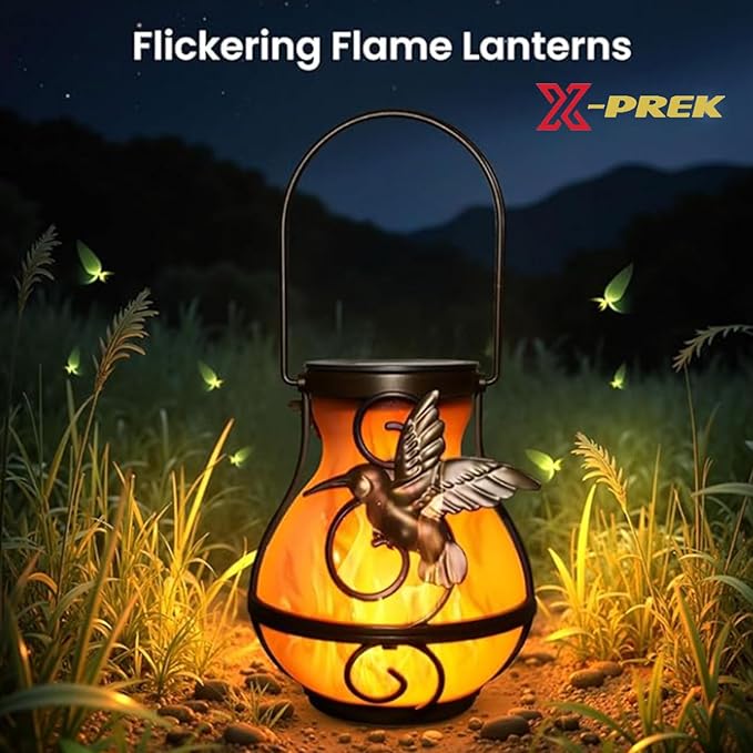 X-PREK 2 Pack Solar Lanterns Outdoor Waterproof Hummingbird Hanging Solar Lantern Flickering Flame Lights Solar Powered Lamps Garden Patio Porch Decoration(Plastics)