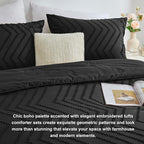 CozyLux Queen Comforter Set Black - 3 Pieces Black Boho Tufted Shabby Chic Bedding Comforter Set for All Seasons, Chevron Bedding Sets with Comforter & 2 Pillow Shams