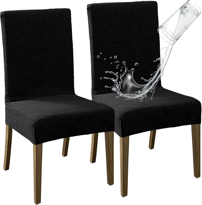 MOSAYT 100% Waterproof Dining Room Chair Covers Set of 2, Super Fit Stretch Jacquard Parson Chairs Slipcovers Removable Washable Chair Seat Protectors for Home, Kitchen, Banquet (Black)