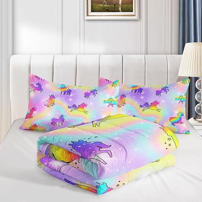 Datura home Unicorn Rainbow Comforter Bedding Set for Girls Kids Children Teens,Sky Glitter Star Colorful Bedding Set with 1 Comforter and 2 Pillowcases(Unicorn3 Queen)