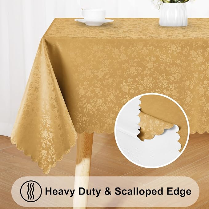 Smiry Rectangle Waterproof Heavy Duty Vinyl Tablecloths, 60 x 84 Inch | Wipeable Washable Floral Embossed Table Cover for Kitchen and Dining Room, Indoor & Outdoor Use, Gold