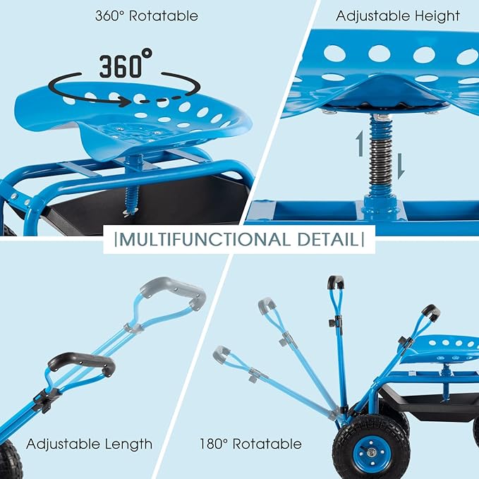 Rolling Garden Tool Cart with Seat Heavy Duty Scooter with Handle and Storage for Seniors Garden Cart on Wheel,Blue