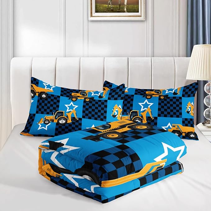 Axolotl Excavator Comforter Set Queen Size,Blue Plaid Comforter Set with Star,Excavator Bedding Set for Kids Boys Teens,Construction Vehicle Comforter Set for Boys,1 Quilt 2 Pillowcases