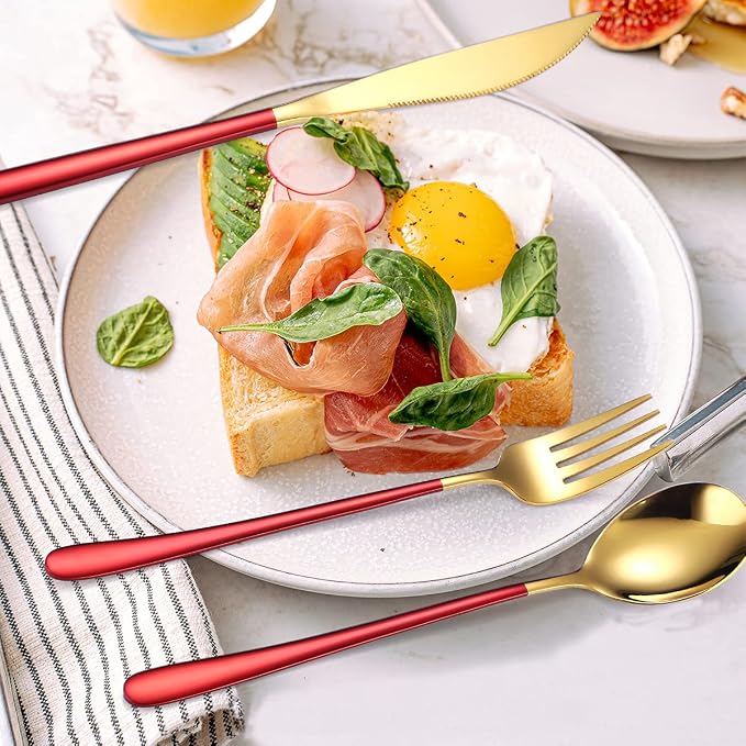 AARAINBOW 6 Pieces 18/8 Stainless Steel Flatware Set Portable Reusable Cutlery Set Travel Utensils Set Including Chopsticks Knife Fork Spoon Straws Cleaning Brush Dishwasher Safe (Red golden)