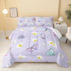 Butterfly Comforter Set for Kids Teens Girls Women,Daisy Kids Comforter,1 Comforter with 2 Pillowcase, Microfiber 3 Piece Bedding Set,for All Seasons(Purple，Queen Size)