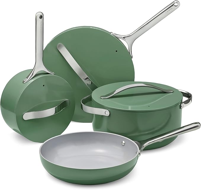 Caraway Non-stick Ceramic Cookware Set (12 Piece) Pots, Pans, Lids and Kitchen Storage - PFAS & PFOA Free - Oven Safe Pan Set & Compatible with All Stovetops - Sage