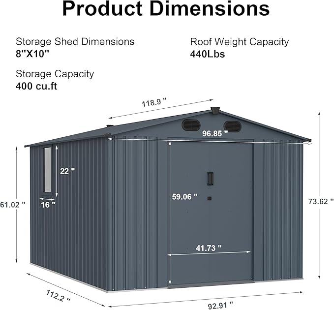 Outdoor Storage Shed 8x10 FT with Window - Metal Sheds & Outdoor Storage for Motorcycle, Bike, Garden Tool, Lawnmower - Backyard Tool Building with 1 Sliding Door and 4 Vents (Without Floor)