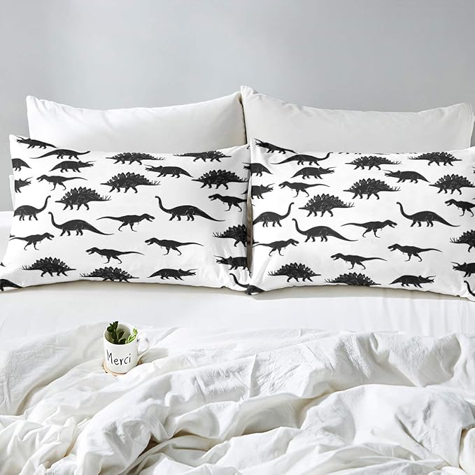 Erosebridal Dinosaur Bedding Set Dino Silhouettes Comforter Set Full Size, Wildlife Animals Black White Quilted Duvet for Kids Boys Teens Adult Bedroom Decor Dinosaurs Comforter with 2 Pillow Cases