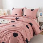 Queen Comforter Set Cameo Brown, Pink Cute Love Heart Sexy Comforter Bedding Set for All Seasons, Geometric Soft Microfiber 3 Pieces Comforter Set with Pillowshams