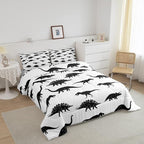 Erosebridal Dinosaur Bedding Set Dino Silhouettes Comforter Set Full Size, Wildlife Animals Black White Quilted Duvet for Kids Boys Teens Adult Bedroom Decor Dinosaurs Comforter with 2 Pillow Cases