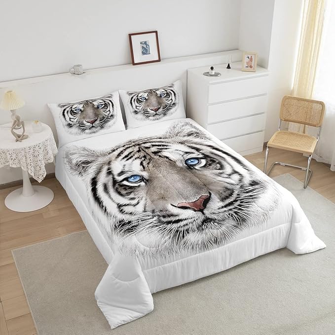 Erosebridal Boys Tiger Comforter Set Twin Size, Wild Animal Print Down Comforter for Boys Girls Teens Adult Bedroom, Grey Tiger Skin Duvet Insert Black White Stripe Bedding Comforters for Bedroom