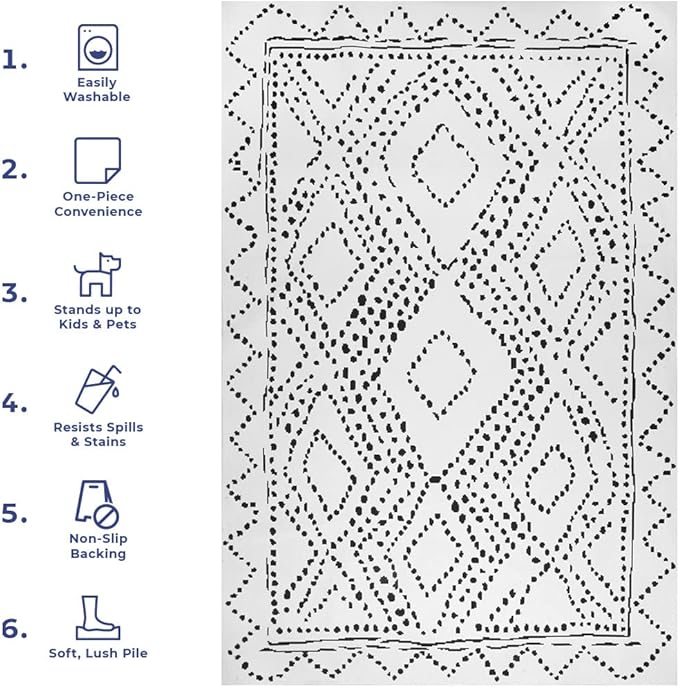 nuLOOM Mila Machine Washable Diamond Trellis Ultra Thin Runner Rug, 2' 6" x 10', White