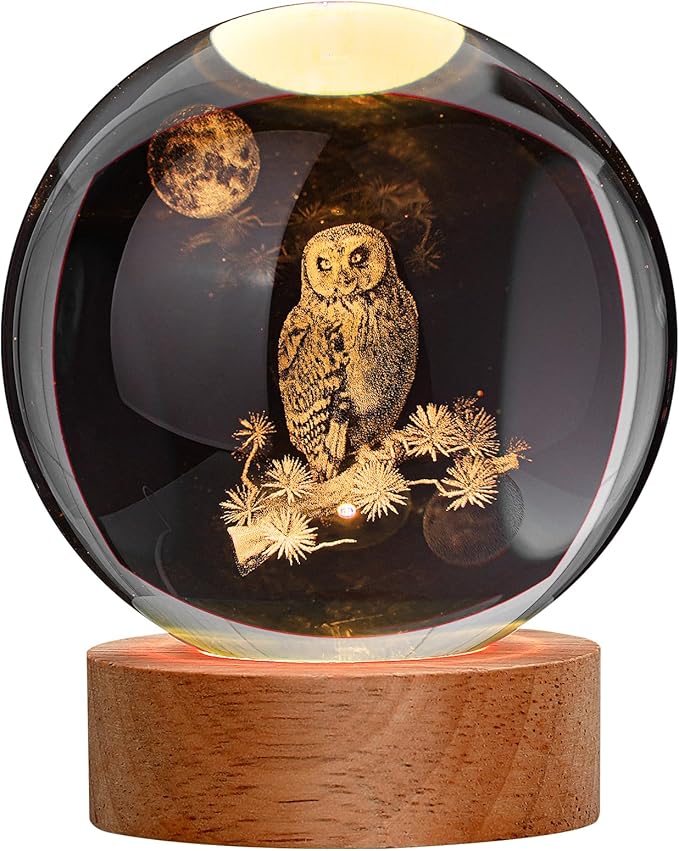 Large 3D Owl Crystal Ball Night Light, Owl Figurines in Crystal Lamp 16 Color Changing with Remote Control for Bedroom Decor, for Teens Boys and Girls, Owl
